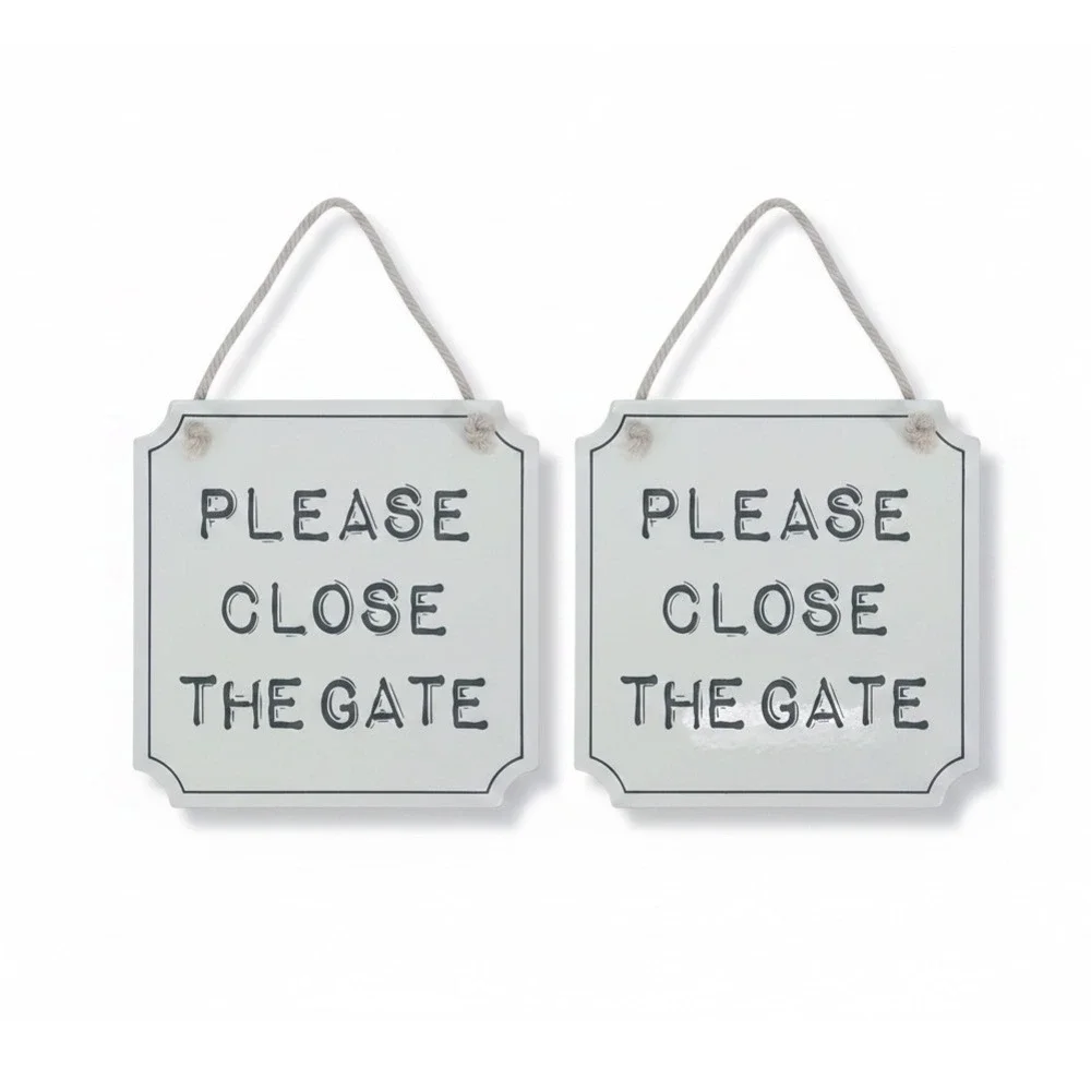 Farmhouse Close the Gate Hanging Sign Set of 2 White Metal 5x5 Cottagecore